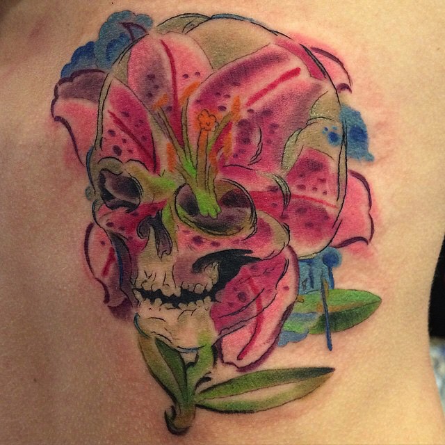 Watercolor Skull And Lily Tattoo