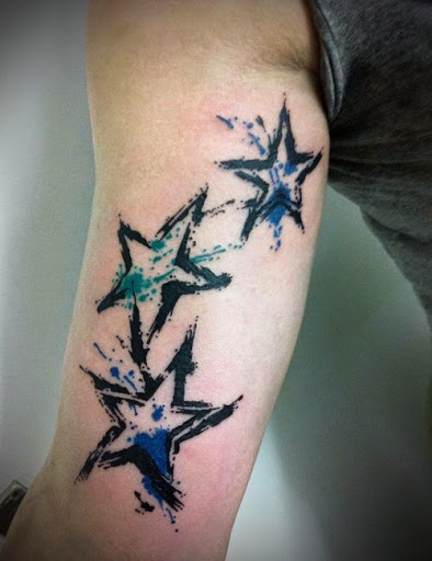 Watercolor Three Star Tattoos On Bicep