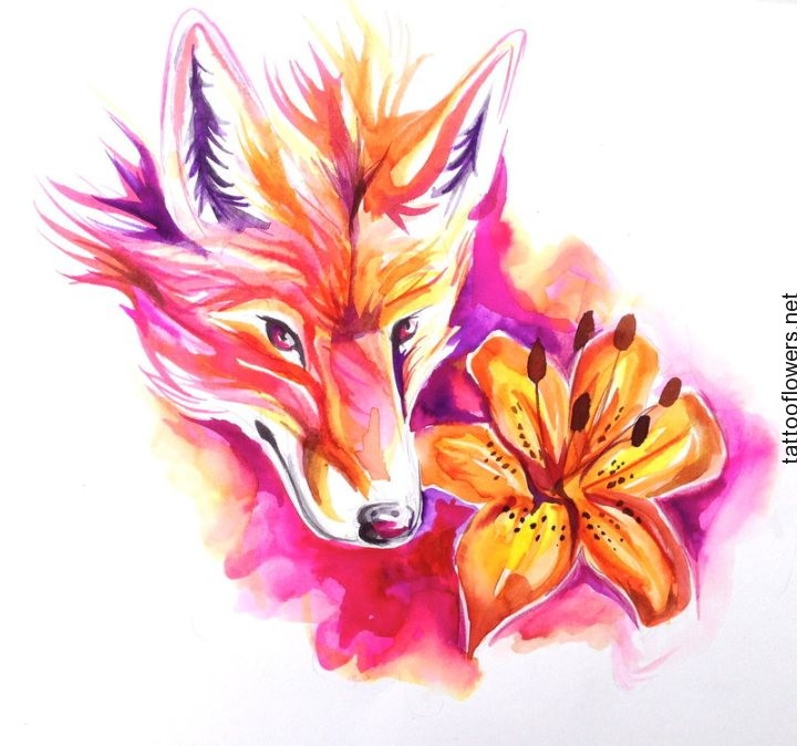 Watercolor Wolf Head And Tiger Lily Tattoo Design