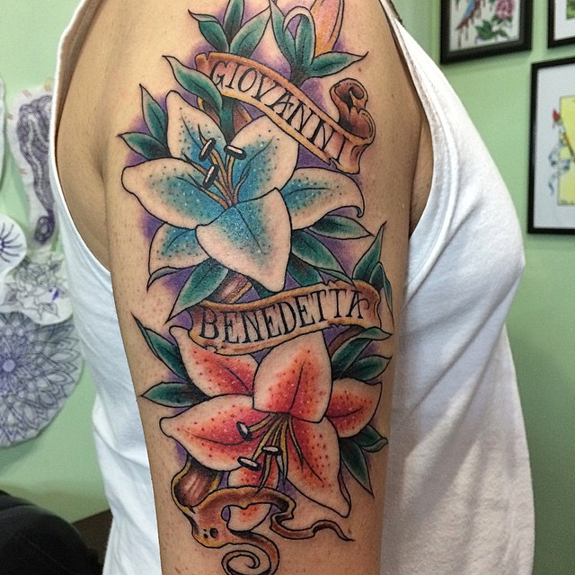 Watercolored Lily Flowers Tattoos On Right Half Sleeve