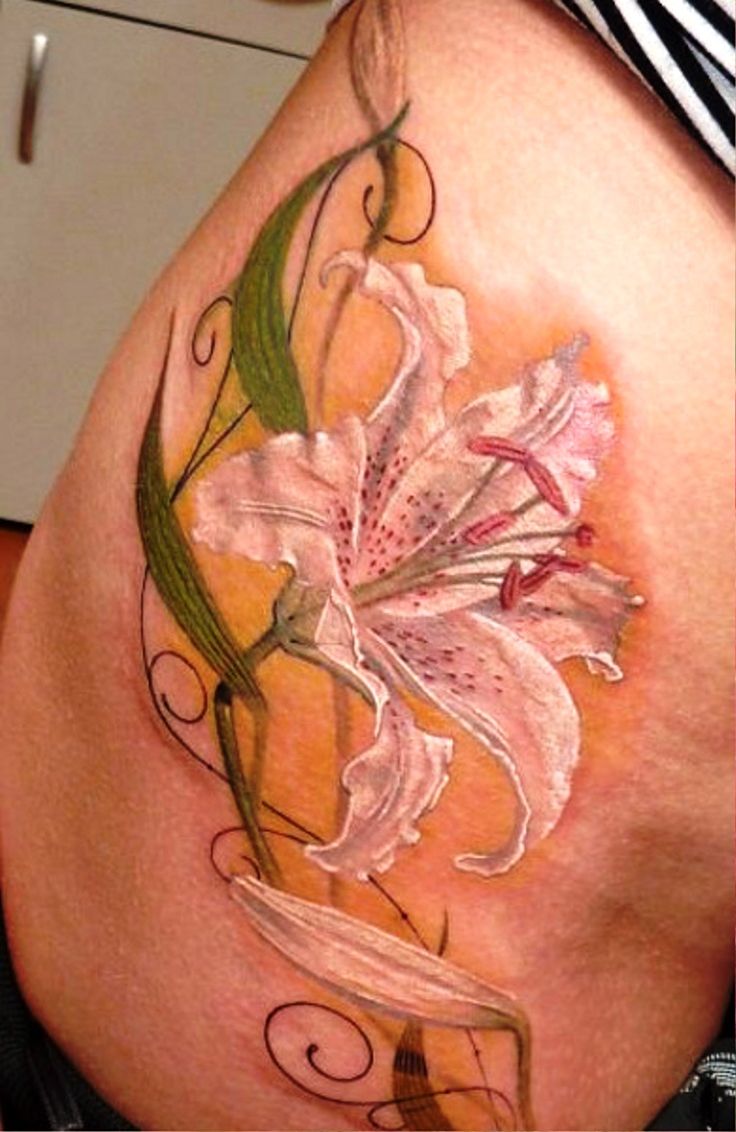White Lily Flower Tattoo On Side Rib