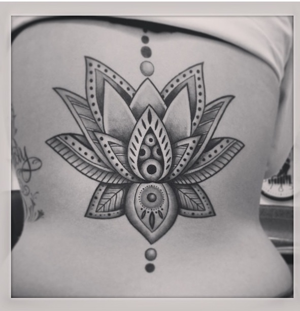 Winderful Black Ink Mandala Lotus Tattoo On Lower Back