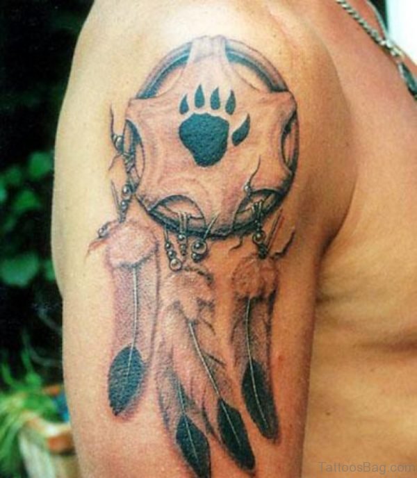 Wolf Paw Print In Dreamcatcher Tattoo On Right Shoulder