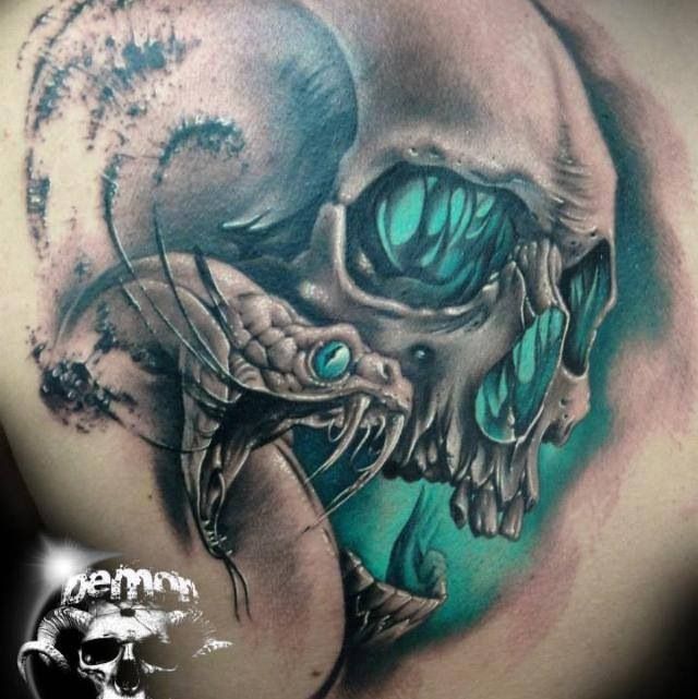 Wonderful 3D Skull With Snake Head Tattoo Design