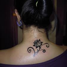 Wonderful Black Ink Lotus Flower Tattoo On Girl Back Neck By NezuKanda36Ln