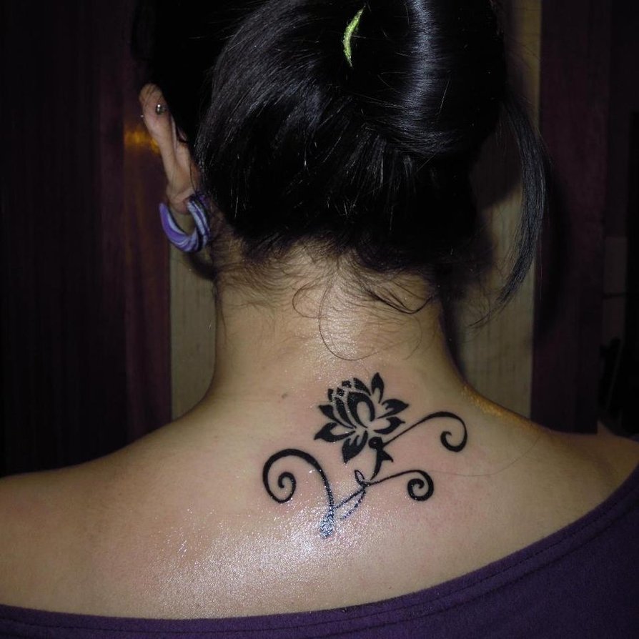 Wonderful Black Ink Lotus Flower Tattoo On Girl Back Neck