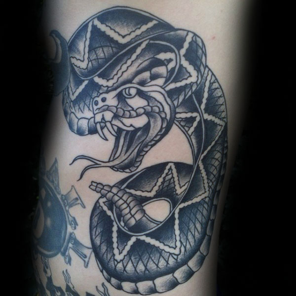 Wonderful Black Ink Rattlesnake Tattoo Design For Half Sleeve