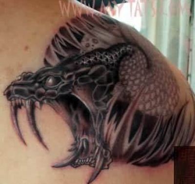 Wonderful Black Ink Snake Head Tattoo On Right Back Shoulder