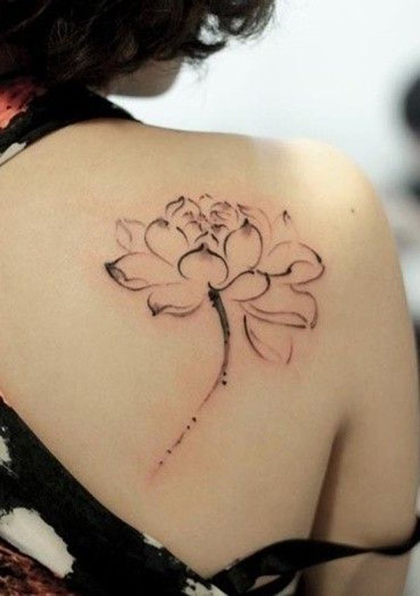 Wonderful Black Lotus Flower Tattoo On Female Right Back Shoulder