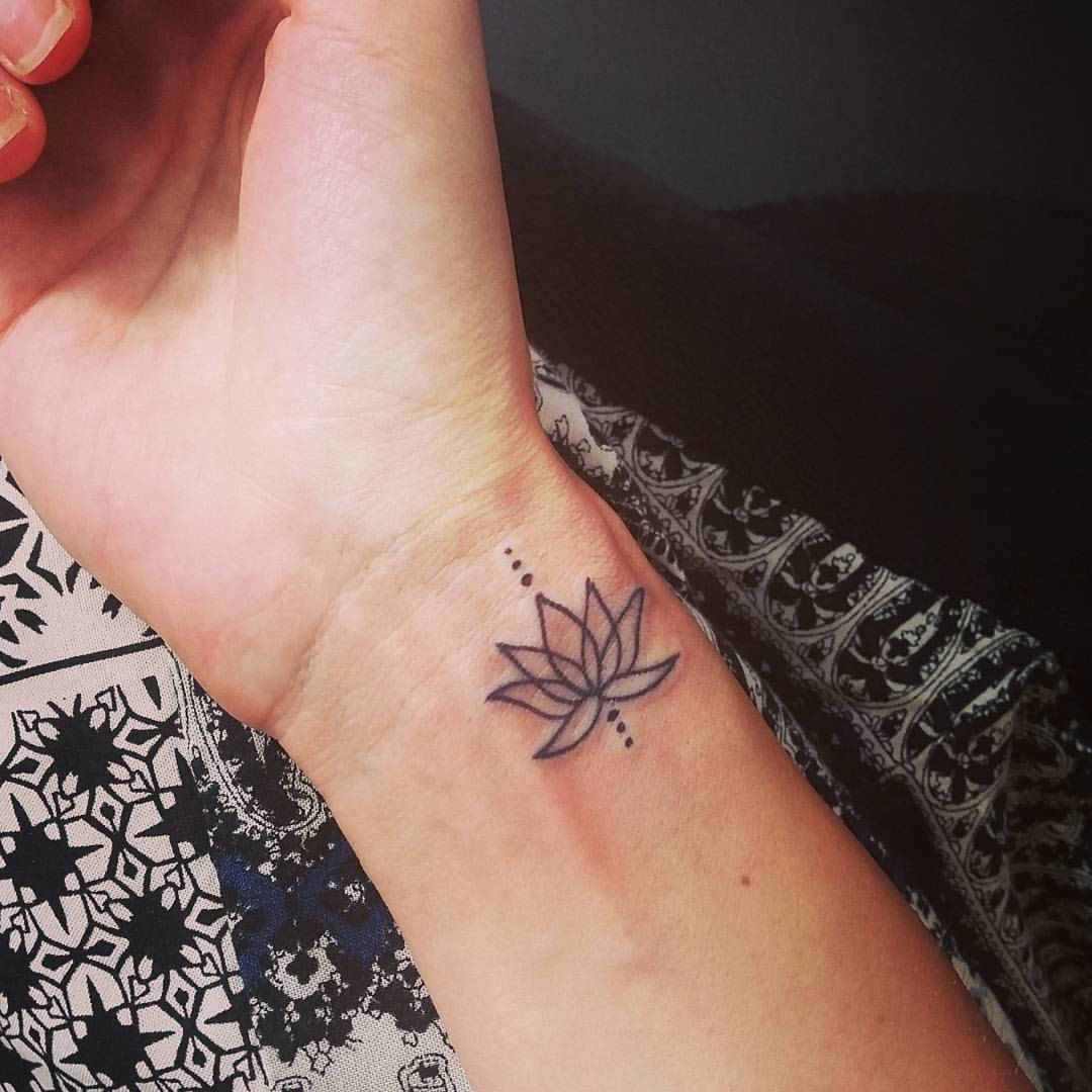 Wonderful Black Outline Lotus Flower Tattoo On Right Wrist