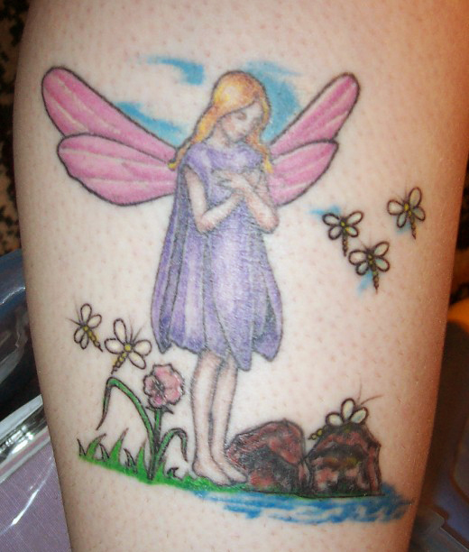 Wonderful Colorful Fairy Tattoo Design For Leg Calf