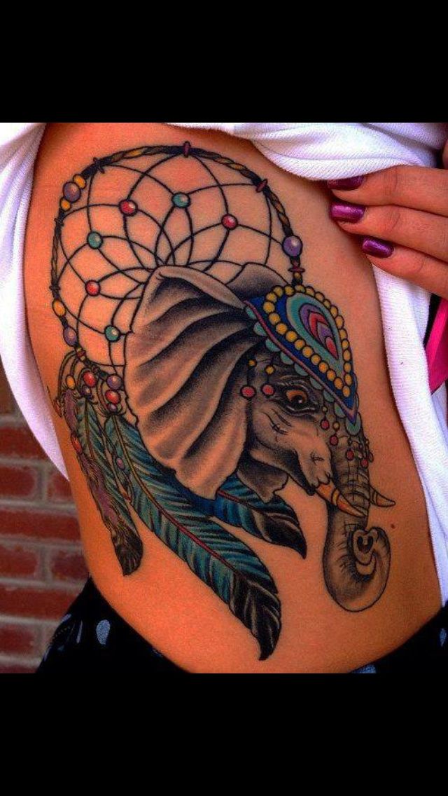 Wonderful Elephant Head With Dream Catcher Tattoo On Right Side Rib