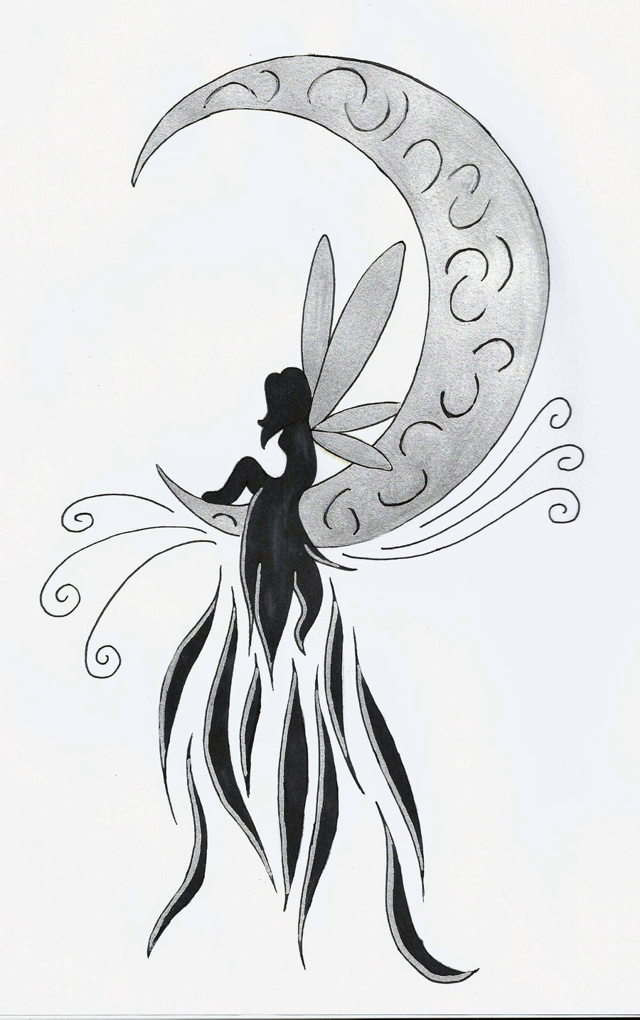 Wonderful Fairy On Half Moon Tattoo Design By Bombombeesje