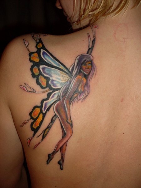 Wonderful Fairy Tattoo On Girl Left Back Shoulder