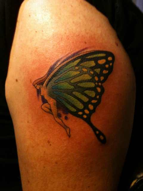 Wonderful Fairy Tattoo On Left Upper Arm