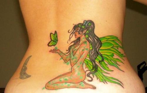 Wonderful Fairy With Flying Butterfly Tattoo On Lower Back