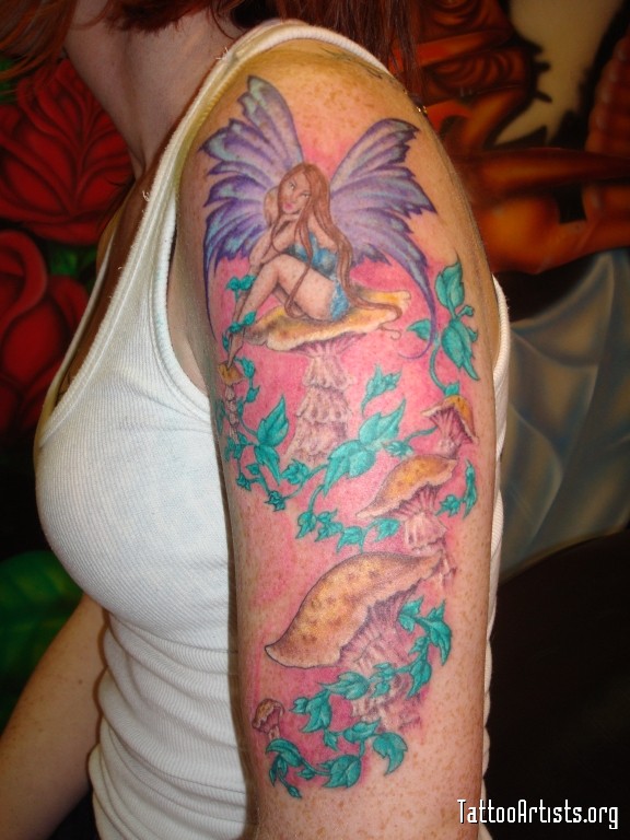 Wonderful Fairy With Mushrooms Tattoo On Women Left Half Sleeve