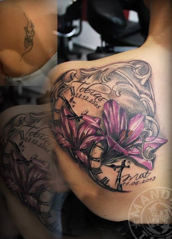 Wonderful Lily Cover Up Tattoo On Girl Left Back Shoulder