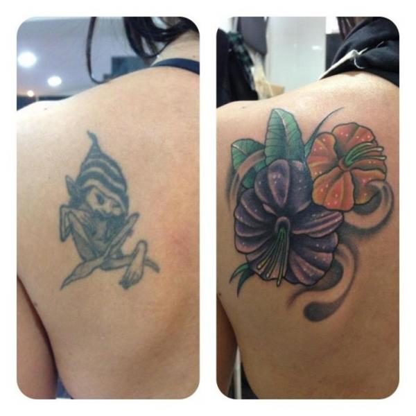 Wonderful Lily Flowers Cover Up Tattoo On Left Back Shoulder