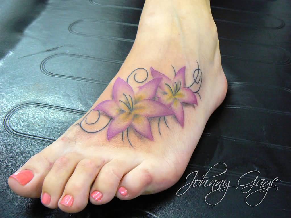Wonderful Lily Flowers Tattoo On Girl Left Foot