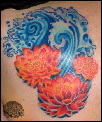Wonderful Lotus Flowers In Water Tattoo Design For Back Shoulder