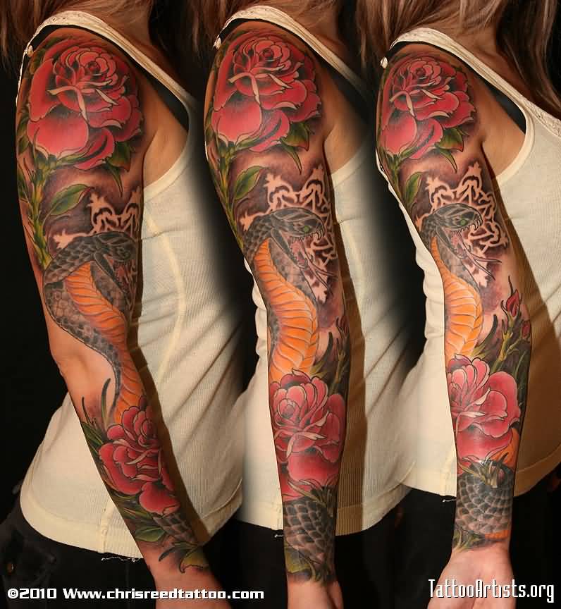 Wonderful Snake With Roses Tattoo On Girl Right Full Sleeve