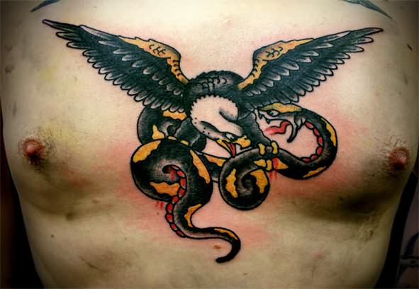 Wonderful Traditional Eagle With Snake Tattoo On Man Chest