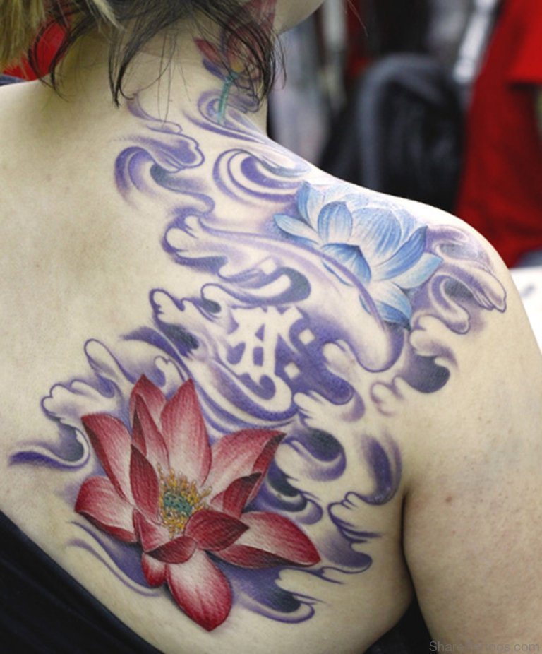 Wonderful Two Japanese Lotus Flowers Tattoo On Women Left Back Shoulder