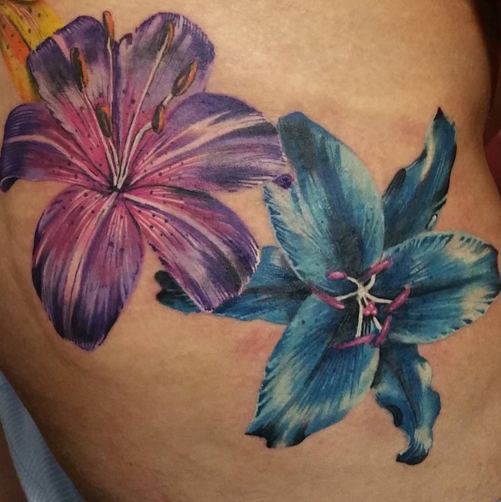 Wonderful Two Lily Cover Up Tattoo Design For Thigh