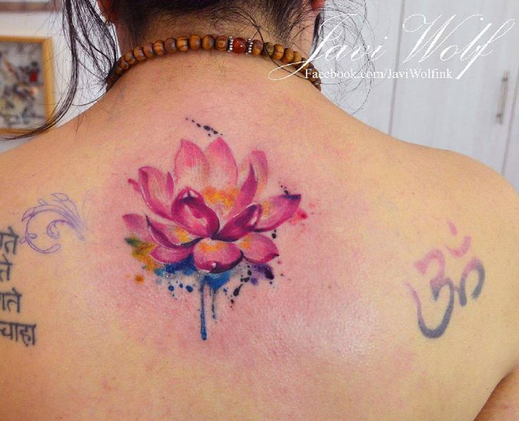 Wonderful Watercolor Lotus Flower Tattoo On Girl Upper Back