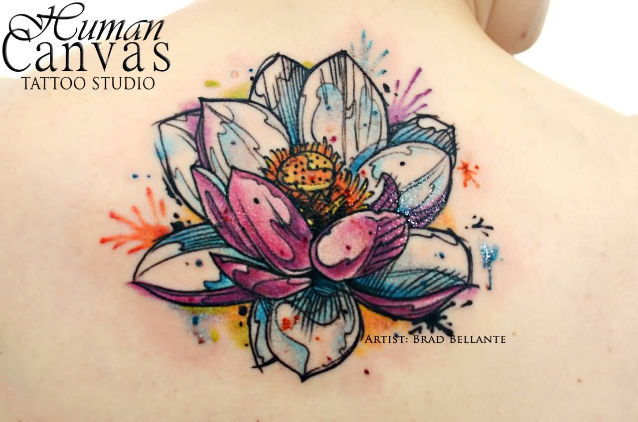 Wonderful Watercolor Lotus Tattoo Design For Upper Back