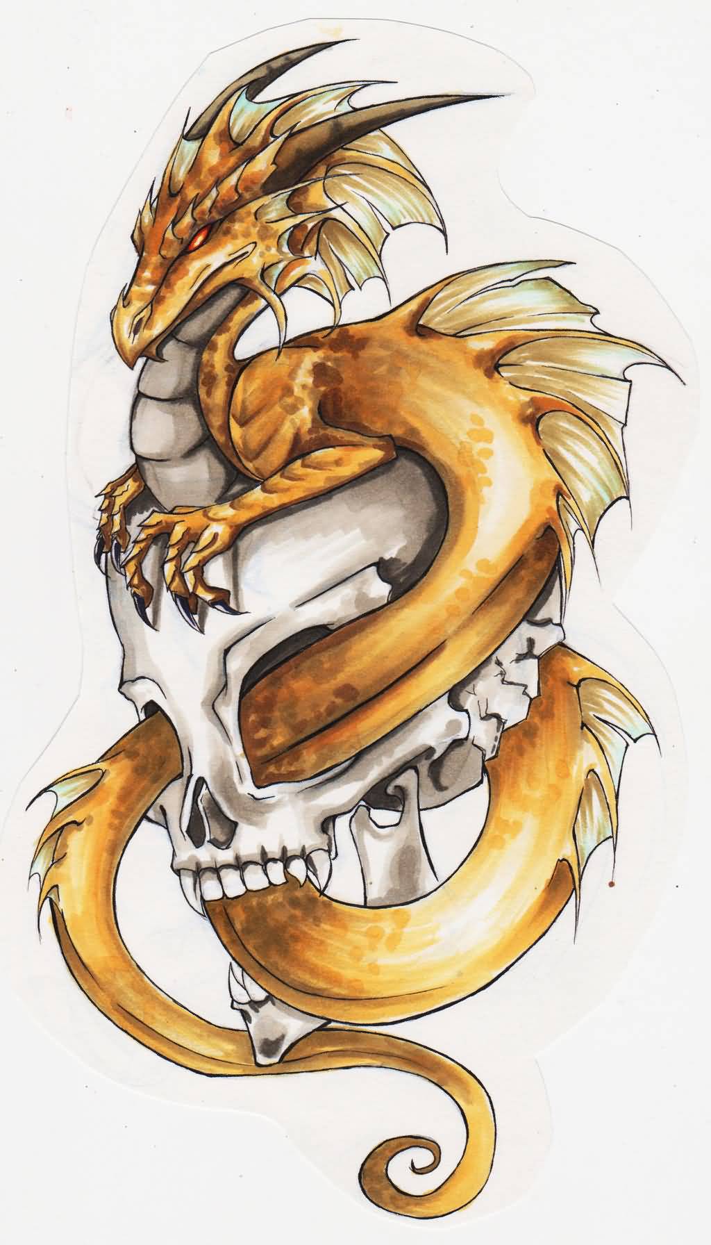 Yellow Dragon And Skull Tattoo Design
