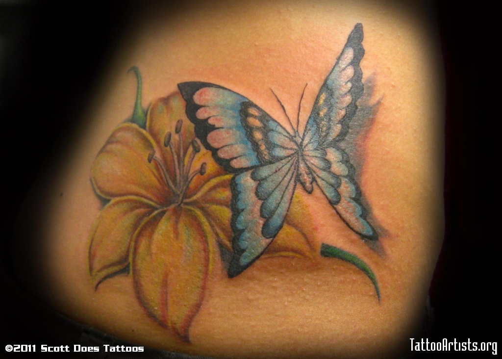 Yellow Lily Flower With Butterfly Tattoo Design