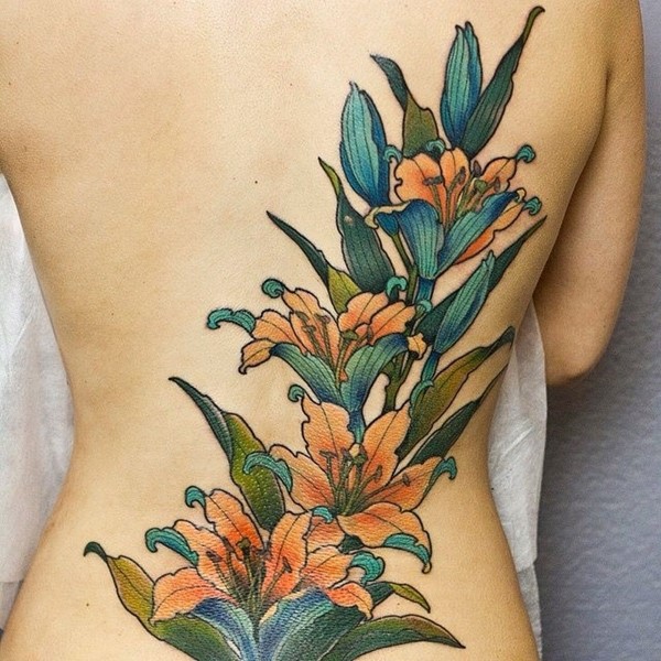 Yellow Lily Flowers Tattoo On Full Back