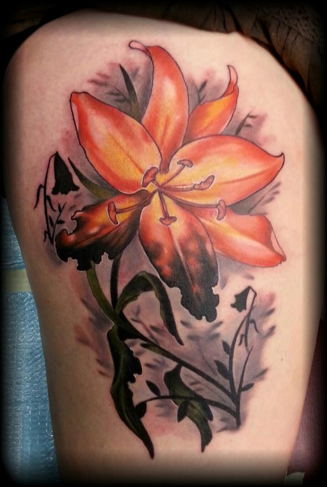 Yellow Lily Tattoo On Side Thigh