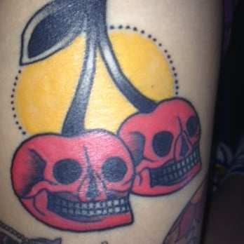 Yellow Moon and Cherry Skull Tattoos