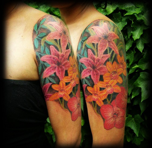 Yellow and Pink Lily Tattoos On Half Sleeve For Girls