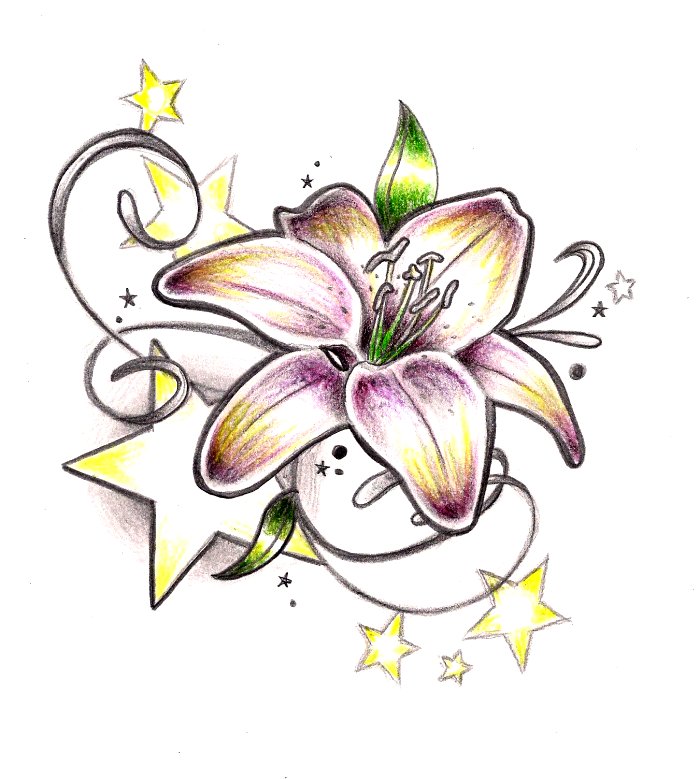 Yellow stars And Lily Flower Tattoo Design