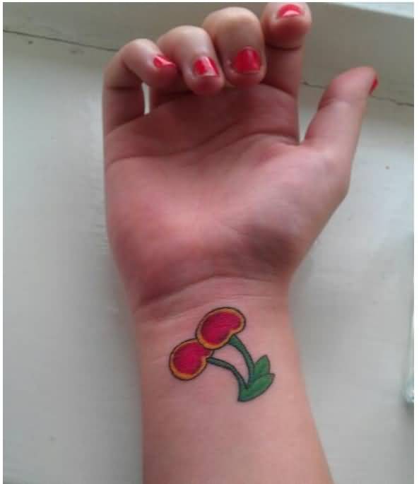 Cute Cherry Tattoo On Girl Right Wrist