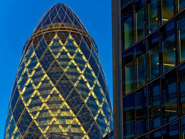 30 St. Mary Axe Or The Gherkin Building Lit Up At Night