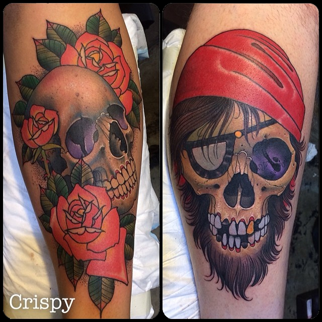 3D Skull With Roses Tattoo On Right Leg Calf