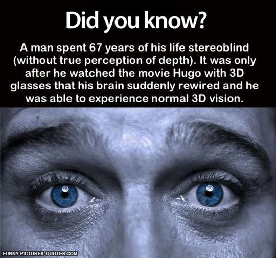 A man spent 67 years of his life stereoblind (without true perception of depth). It was only after he watched the movie Hugo with 3D glasses that ...