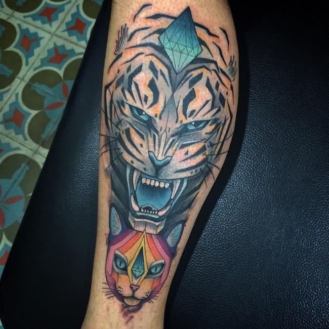 Abstract Blue Ink Angry Tiger Tattoo on Leg