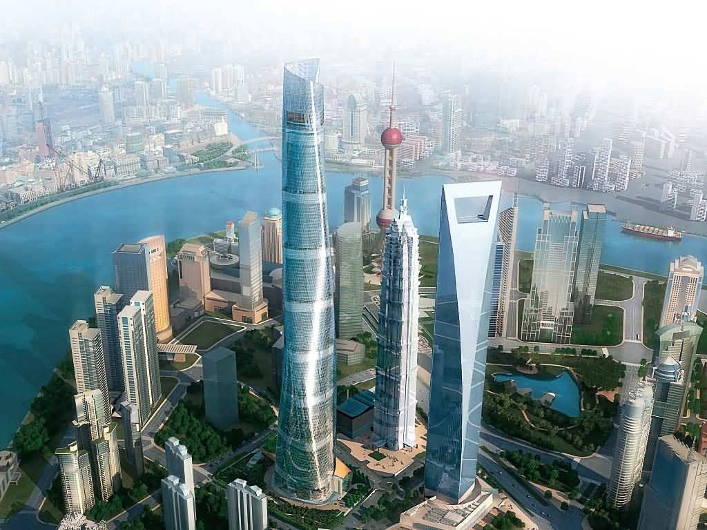Aerial View Of The Shanghai Tower And Other Skyscrapers