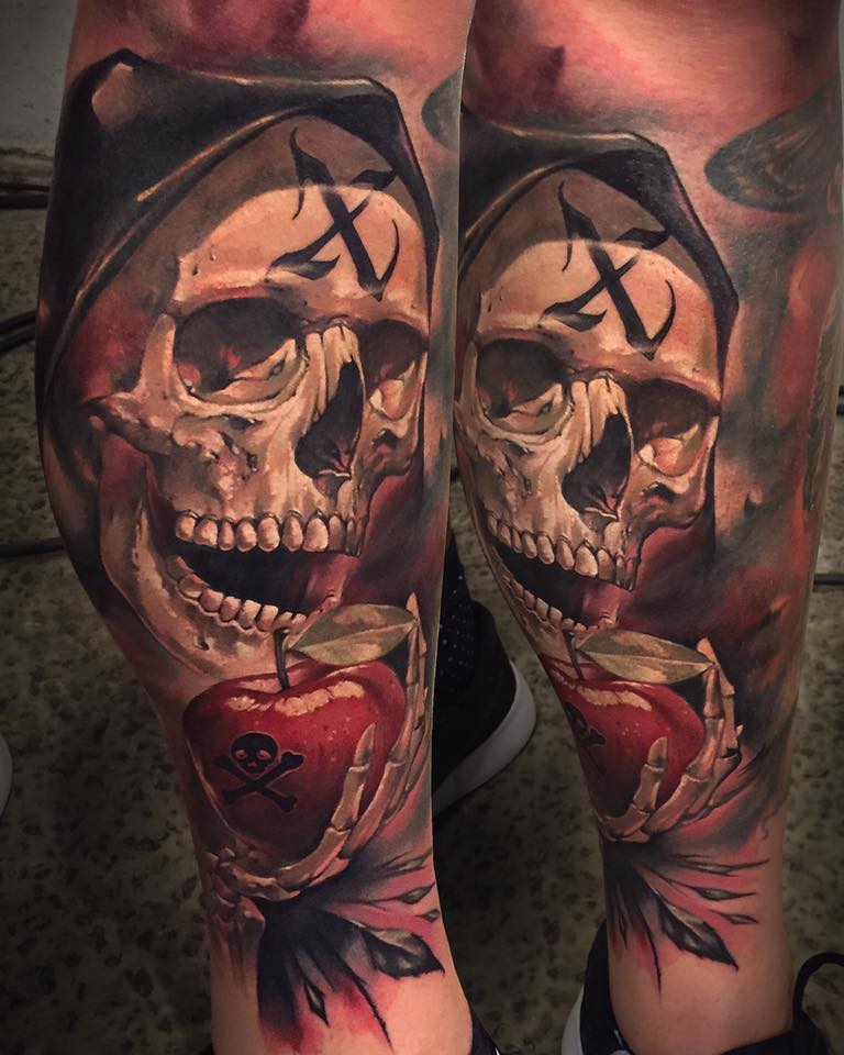 Amazing 3D Skull With Apple Tattoo On Right Leg By Benjamin Laukis