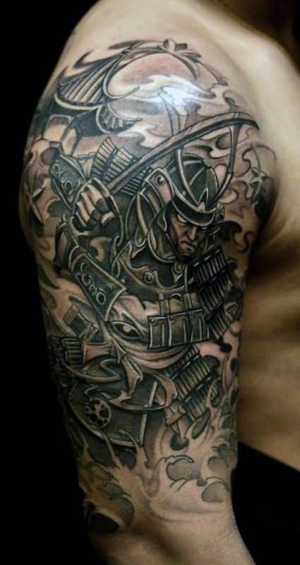 Amazing Black Ink Samurai Tattoo On Man Right Half Sleeve