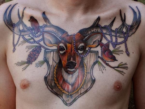Amazing Color Ink Deer Tattoo On Chest