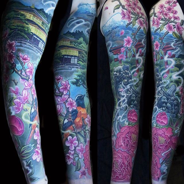 Amazing Colorful Japanese Temple With Foo Dog Tattoo On Left Full Sleeve By Frederick Bain