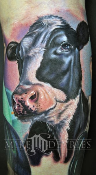 Amazing Cow Tattoo Design For Leg Calf By Mike Devries