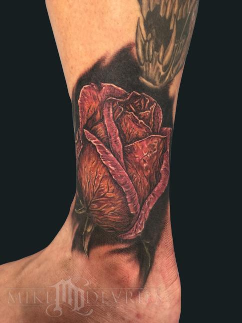 Amazing Rose Tattoo On Ankle By Mike Devries